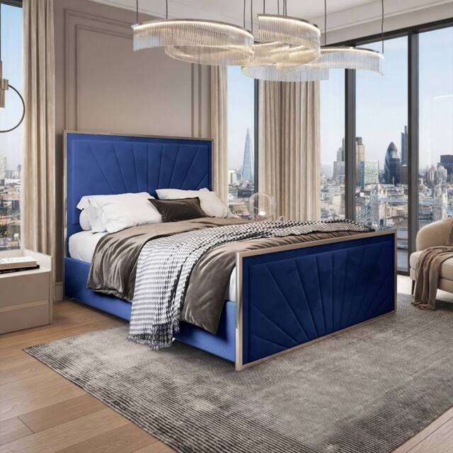 Casani Southborough Upholstered Soft Velvet Blue Metal Designer Bed Frame - Size: Single - image 1