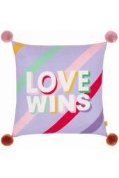Furn Pom Poms Love Wins Slogan Cushion in Lilac - Size: 43 cm x 43 cm