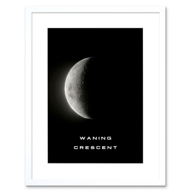 "Artery8 Wall Art Print Phases of the Moon Astronomy Waning Crescent Lunar Space Poster Artwork Framed 9X7 Inch in White - Size: W7"" x H9""" - image 1