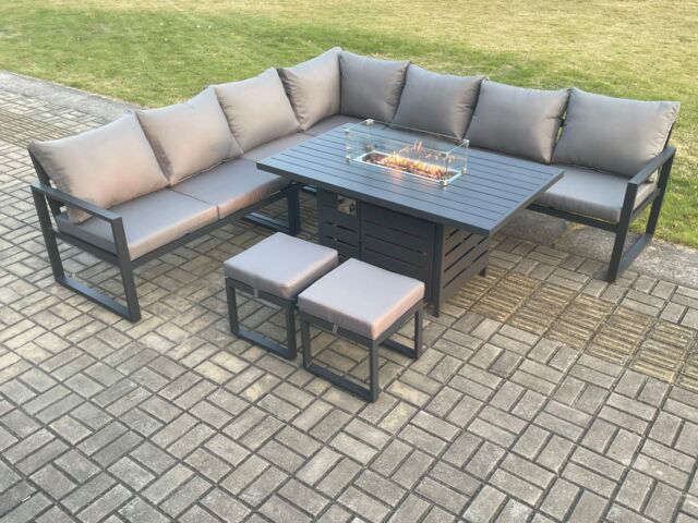 Fimous Aluminium 9 Seater Garden Furniture Outdoor Set Patio Lounge Sofa Gas Fire Pit Dining Table Set with Footstools Dark Grey
