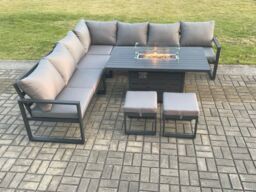 Fimous Aluminium 9 Seater Garden Furniture Outdoor Set Patio Lounge Sofa Gas Fire Pit Dining Table Set with Footstools Dark Grey - thumbnail 2