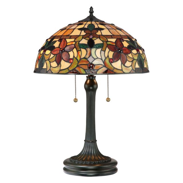 Loops 2 Bulb Twin Table Lamp Tiffany Style Coloured Glass Vintage Bronze LED E27 60W in Clear