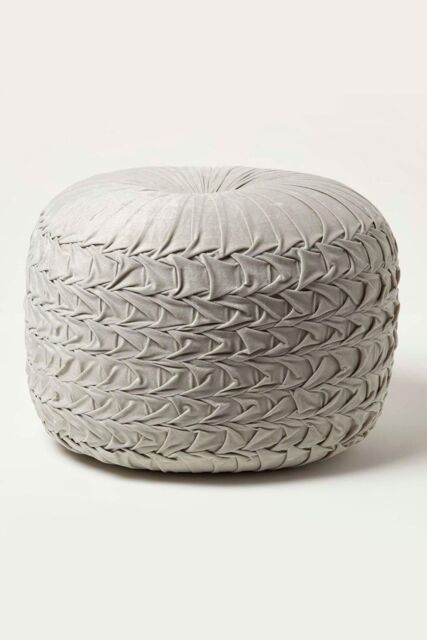 Homescapes Grace Pleated Velvet Pouffe in Grey - image 1