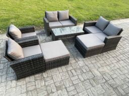 Fimous 8 Seater High Back Rattan Garden Furniture Sofa Sets with Rectangular Coffee Table 2 Big Footstool Loveseat Sofa Armchair Dark Grey Mixed - thumbnail 2