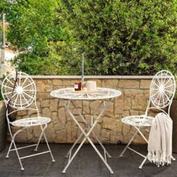 Wyld and Coco Set 2 White Iron Foldable Bistro Chairs Distressed UV Resistant - thumbnail 1