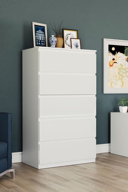 Home Discount Vida Designs Glinton 'HIGH GLOSS 5 Drawer Chest of Drawers' Storage Bedroom Furniture in White - image 1