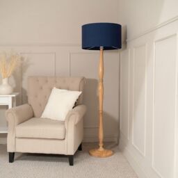 ValueLights Victoria Light Wood Traditional Stem Floor Lamp with Fabric Drum Shade in Navy - thumbnail 3