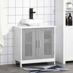 Kleankin Bathroom Pedestal Under Sink Cabinet with Storage Shelf, 2 Doors in Grey
