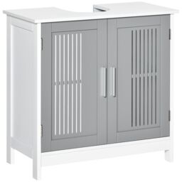 Kleankin Bathroom Pedestal Under Sink Cabinet with Storage Shelf, 2 Doors in Grey - thumbnail 2