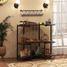 Gymax Bar Unit for Liquor 3-Tier Corner Bar Table With Wine Glasses Holder in Black - thumbnail 9