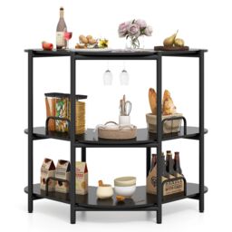 Gymax Bar Unit for Liquor 3-Tier Corner Bar Table With Wine Glasses Holder in Black
