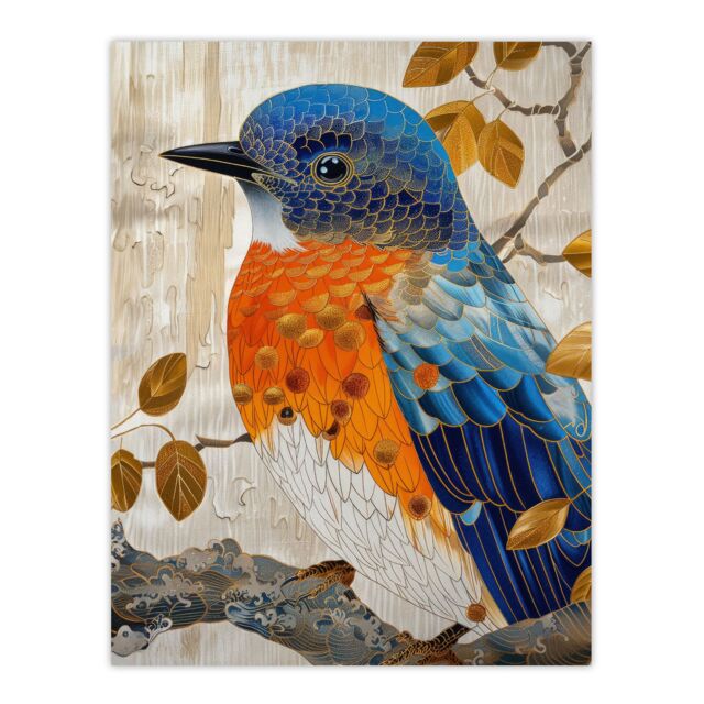 "Artery8 Wall Art Print Stylised Chinese Blue Flycatcher Gold Leaf Branch Poster in Beige - Size: W18"" x H24""" - image 1