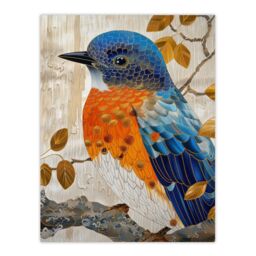 "Artery8 Wall Art Print Stylised Chinese Blue Flycatcher Gold Leaf Branch Poster in Beige - Size: W18"" x H24""" - thumbnail 1