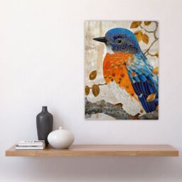 "Artery8 Wall Art Print Stylised Chinese Blue Flycatcher Gold Leaf Branch Poster in Beige - Size: W18"" x H24""" - thumbnail 4