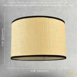 Happy Homewares Thin Strapped Rattan Drum Lamp Shade with Black Cotton Fabric Trims in Taupe - Size: 12 inches - thumbnail 7