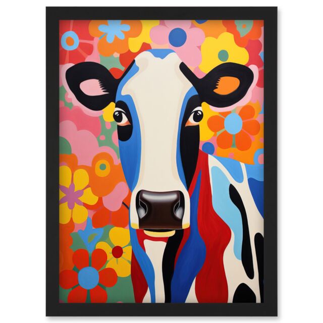 Artery8 Wall Art Print Colourful Cow Bright Bold Floral Portrait Acrylic Painting Vibrant Folk Art Flower Artwork Friesian Kids Bedroom Artwork - image 1
