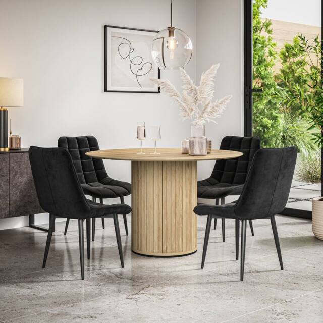 More4Homes Arlo Oak Table Top W Oak Legs + Nova Velvet Dining Chair Set Of 6 in Black - image 1