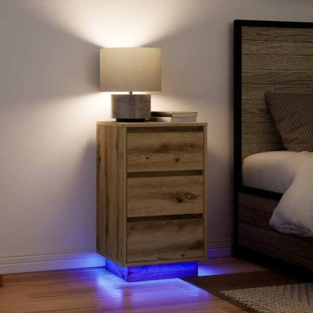 Berkfield Home Bedside Cabinet with LED Lights¬†Artisan Oak 38x34x65 cm - Size: 38 x 34 x 65 cm - image 1