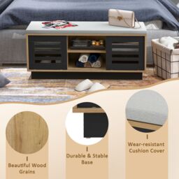 Costway Shoe Rack Storage Bench Organizer W/Cushion Adjustable Shelf Slide Door Natural - thumbnail 6