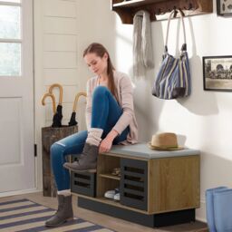 Costway Shoe Rack Storage Bench Organizer W/Cushion Adjustable Shelf Slide Door Natural - thumbnail 4