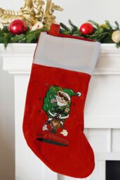 Neel Blue Red Christmas Stocking, Velvet Sock with Cartoon Santa & Reindeer Design - thumbnail 3
