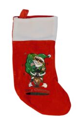 Neel Blue Red Christmas Stocking, Velvet Sock with Cartoon Santa & Reindeer Design