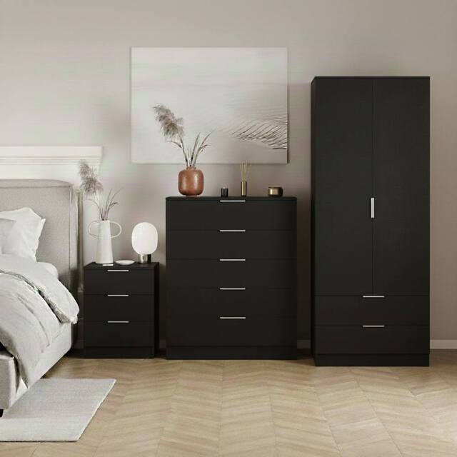 Home Discount Vida Designs Trega 3Pc Bedroom Set(3Dr Bedside, 5Dr Chest, Wardrobe) in Black - image 1