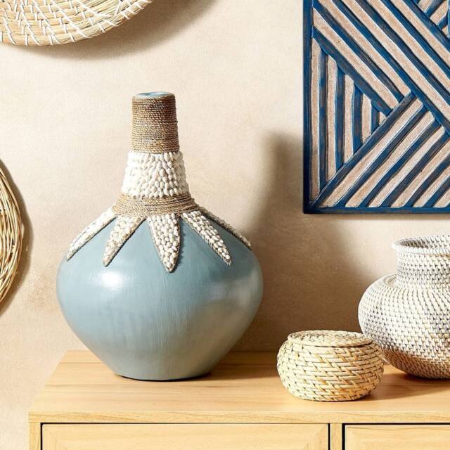 Wyld and Coco Handcrafted Blue Terracotta Vase 43 cm - Shell-Trimmed Boho Accent - image 1