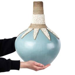 Wyld and Coco Handcrafted Blue Terracotta Vase 43 cm - Shell-Trimmed Boho Accent - thumbnail 3