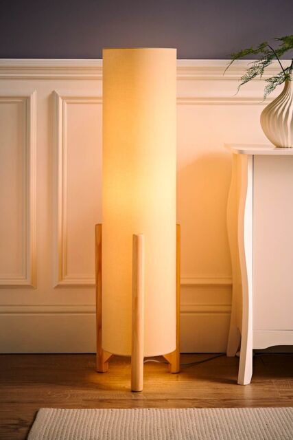 ValueLights Henry Wooden Base Midi Floor Lamp with Tall Fabric Shade with LED Bulb in Cream - image 1