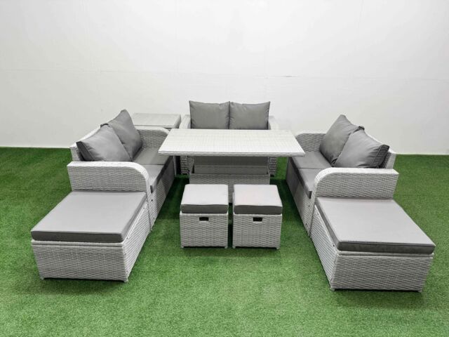 Fimous 9 PCs Rising Dining Table Set Inclining Love Sofa Seat Big Footstool in Light Grey - image 1