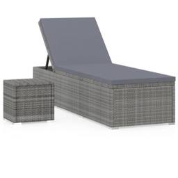 Berkfield Home Sun Lounger with Cushion & Tea Table Poly Rattan Grey - thumbnail 2