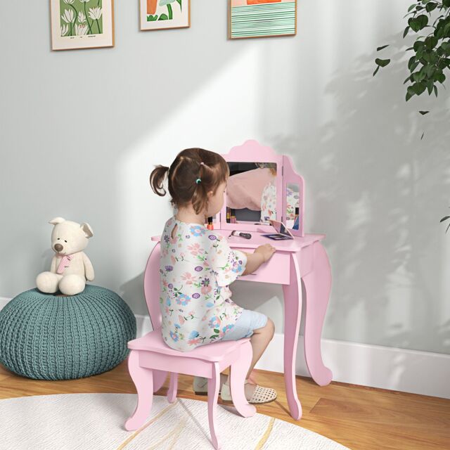 HOMCOM Makeup Dressing Table Set with Tri-Folding Mirror & Drawer in Pink - image 1