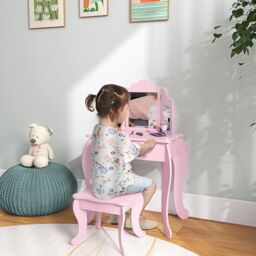 HOMCOM Makeup Dressing Table Set with Tri-Folding Mirror & Drawer in Pink