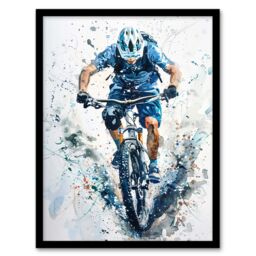 "Artery8 Mountain Biker Action Shot Paint Splat Portrait Framed Art Print in Blue - Size: W12"" x H16""" - thumbnail 1