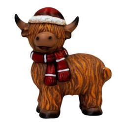 Four Candle Terracotta Highland Cow Christmas Figurine with Santa Hat in Brown - thumbnail 1