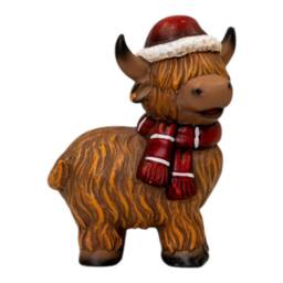 Four Candle Terracotta Highland Cow Christmas Figurine with Santa Hat in Brown - thumbnail 3