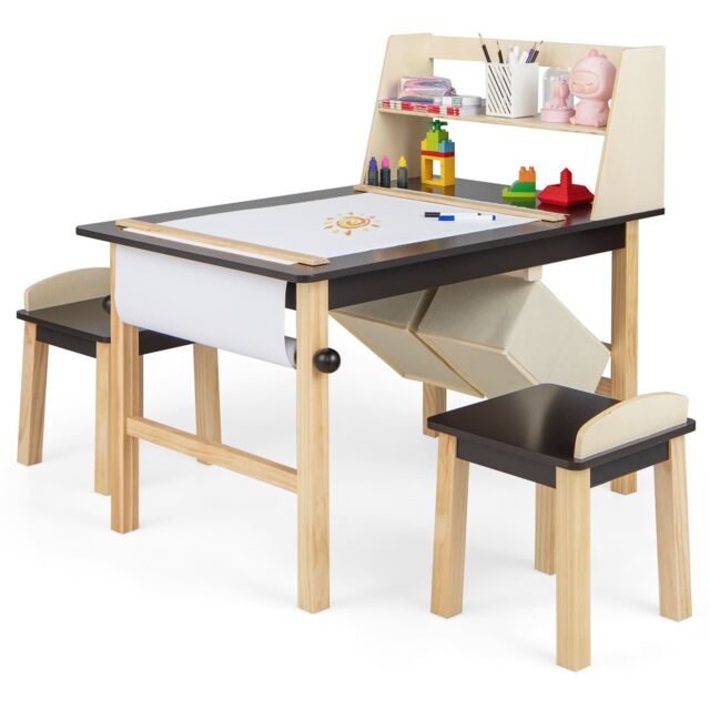 Gymax Kids Table & Chair Set Of 3 Wooden Toddler Drawing Art Desk Brown in Dark Brown - image 1