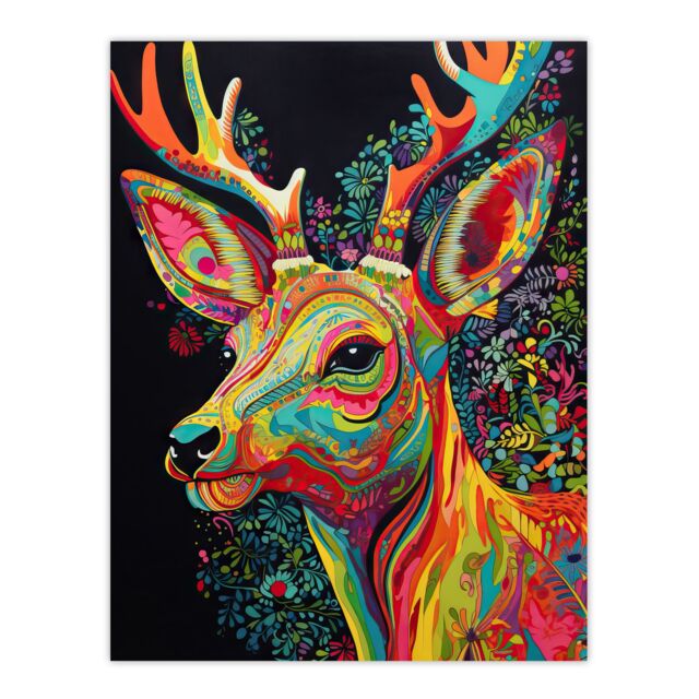 "Artery8 Wall Art Print Reindeer Rainbow Abstract Floral Pattern Stag Head Vibrant Bold Bright Colourful Painting Poster - Size: W24"" x H32""" - image 1