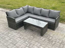 Fimous 6 Seater Outdoor Rattan Garden Furniture Set Corner Sofa Oblong Coffee Table Sets Dark Grey Mixed - thumbnail 2