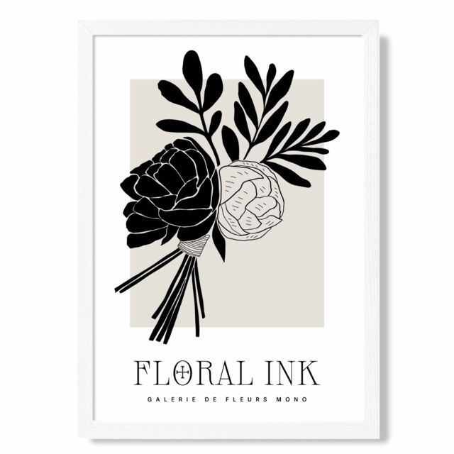 ARTZE Black & Beige Closed Peonies Floral Ink Sketch Framed Print SIZE: A4 with White Frame - image 1