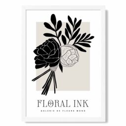 ARTZE Black & Beige Closed Peonies Floral Ink Sketch Framed Print SIZE: A4 with White Frame - thumbnail 1