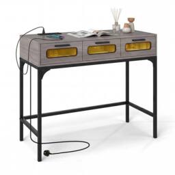 Gymax Console Table 90 CM Entryway Table With LED Lights Outlets USB Ports in Grey - thumbnail 1