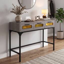 Gymax Console Table 90 CM Entryway Table With LED Lights Outlets USB Ports in Grey - thumbnail 7