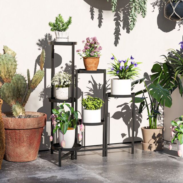 OUTSUNNY 3 Tier Foldable Corner Plant Stand for Indoor Outdoor, Black - image 1