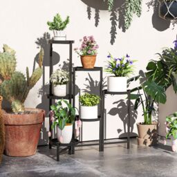 OUTSUNNY 3 Tier Foldable Corner Plant Stand for Indoor Outdoor, Black - thumbnail 1