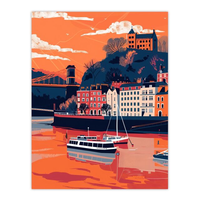"Artery8 Bristol Harbour Canal Boats Sunset Artwork Castle Wall Art Print in Orange - Size: W24"" x H32""" - image 1