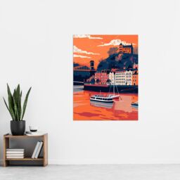 "Artery8 Bristol Harbour Canal Boats Sunset Artwork Castle Wall Art Print in Orange - Size: W24"" x H32""" - thumbnail 4