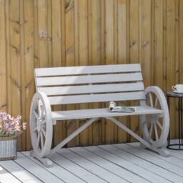 OUTSUNNY 2 Seater Garden Bench w/ Wooden Cart Wagon Wheel Rustic High Back in Grey - thumbnail 1
