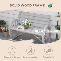 OUTSUNNY 2 Seater Garden Bench w/ Wooden Cart Wagon Wheel Rustic High Back in Grey - thumbnail 4